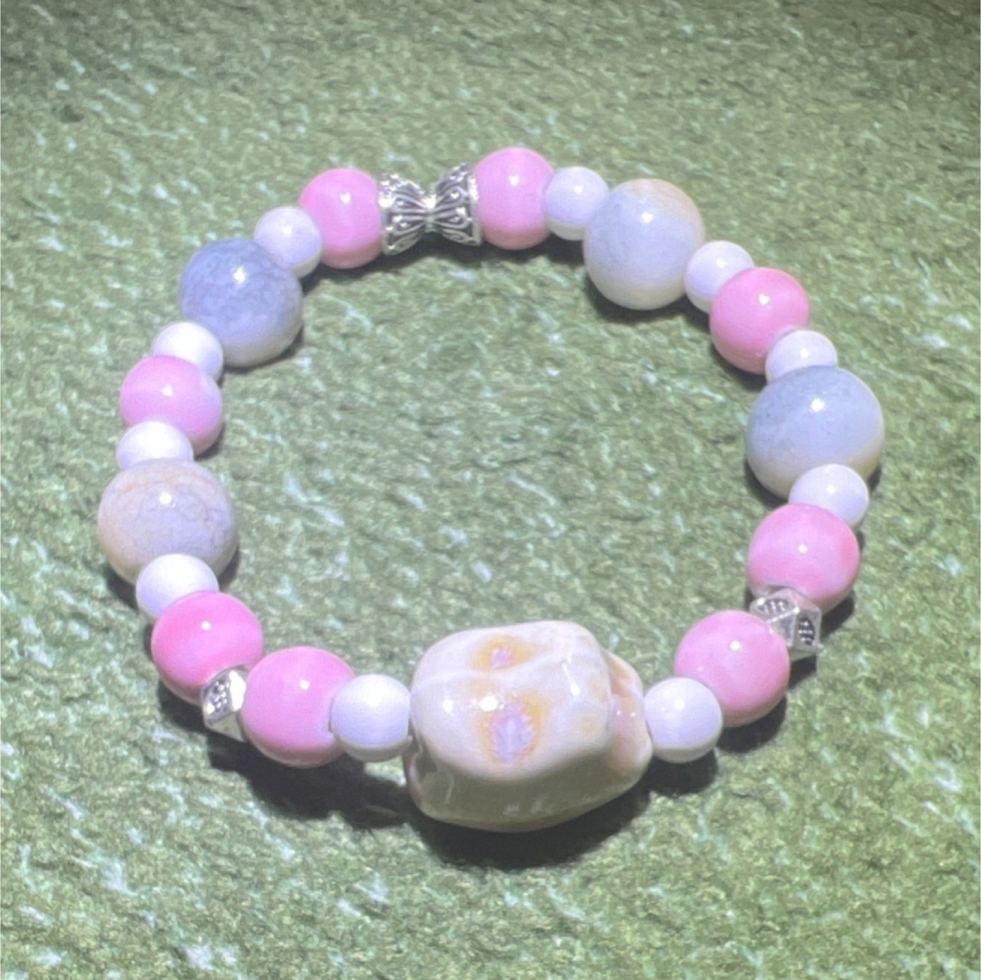 Beaded Gemstone Cord Bracelet Pink White Purple Stackable Round Shape