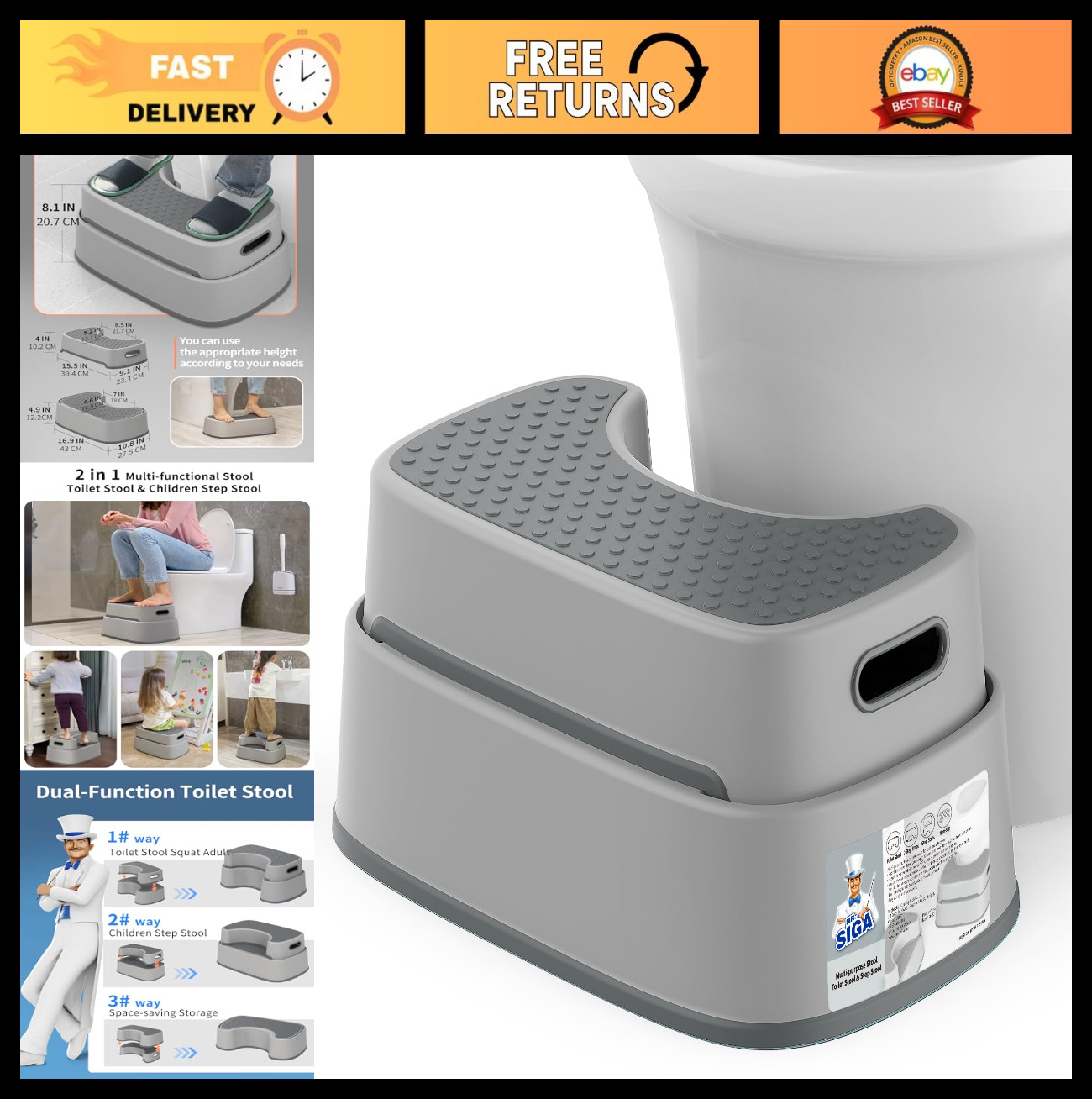 Heavy Duty Toilet Stool for Adults & Kids, Anti-Slip Bathroom Step Stool, Gray