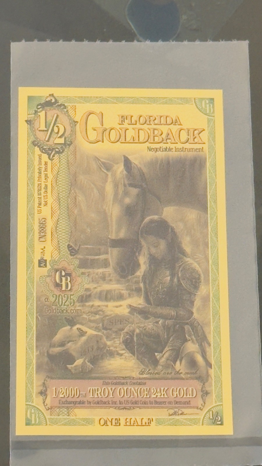 1/2 Florida Goldback .9999 Gold Note 2025 (New) 1/2000 Troy oz