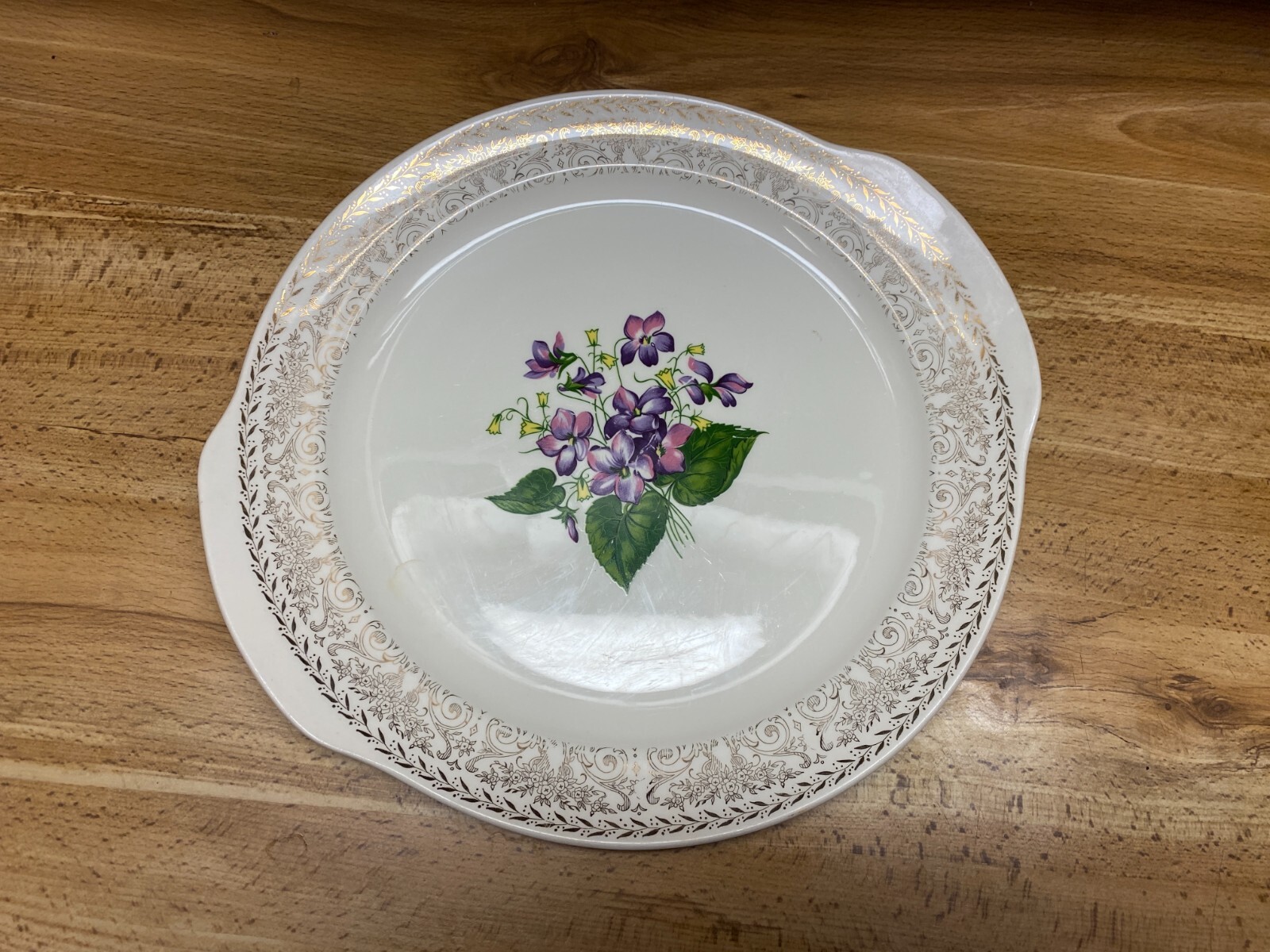 Vintage Cunningham & Pickett Spring Violet Handled Platter W/ 22KT Gold Trim