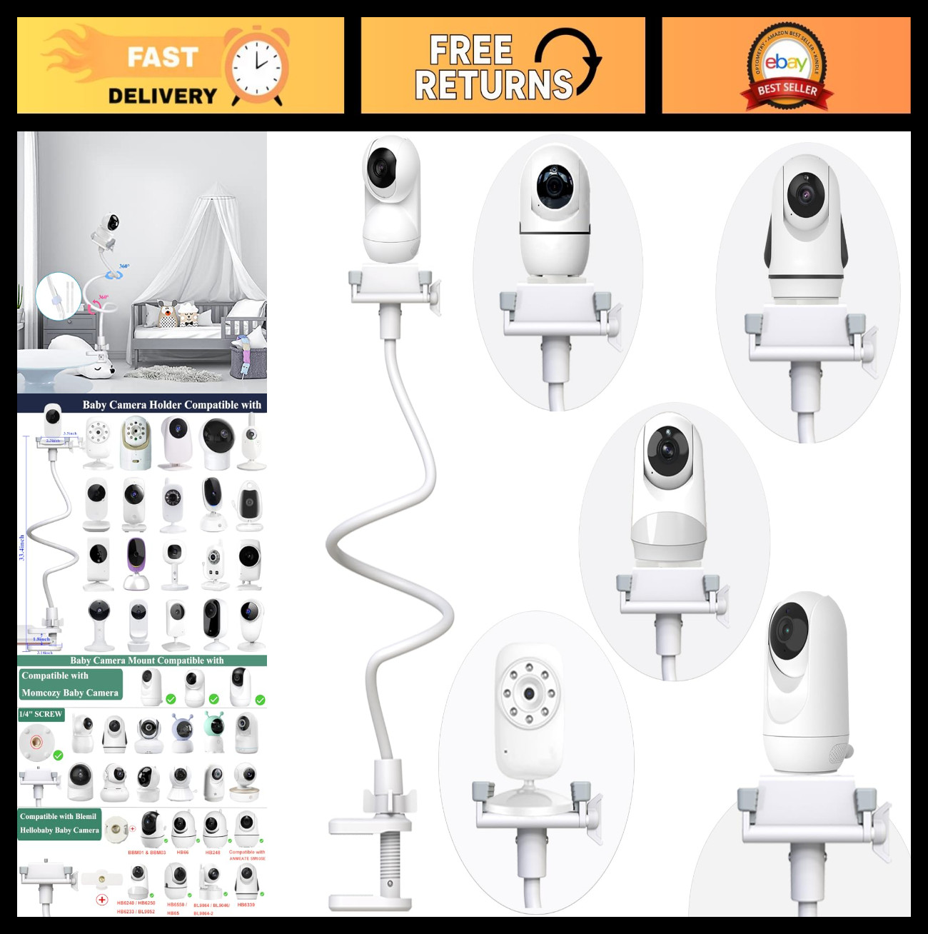 Flexible Baby Camera Monitor Mount Stand - Compatible with Most Brands, Adjustab