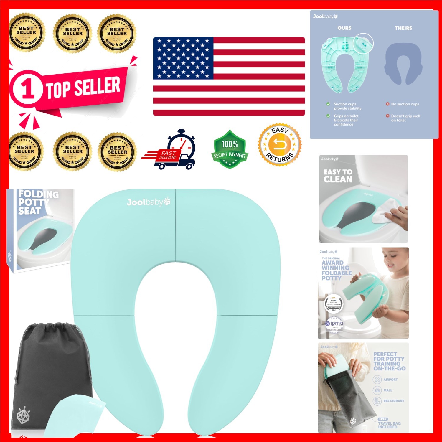 Portable Folding Potty Training Seat with Travel Bag - Aqua, Non-Slip Design