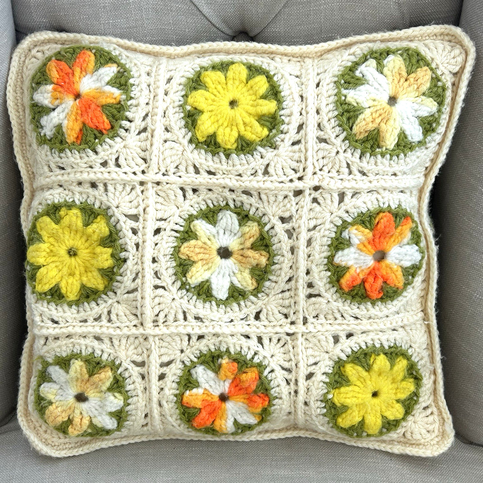 Vintage Crochet Granny Square Pillow Floral Accent Boho Cottage Farmhouse