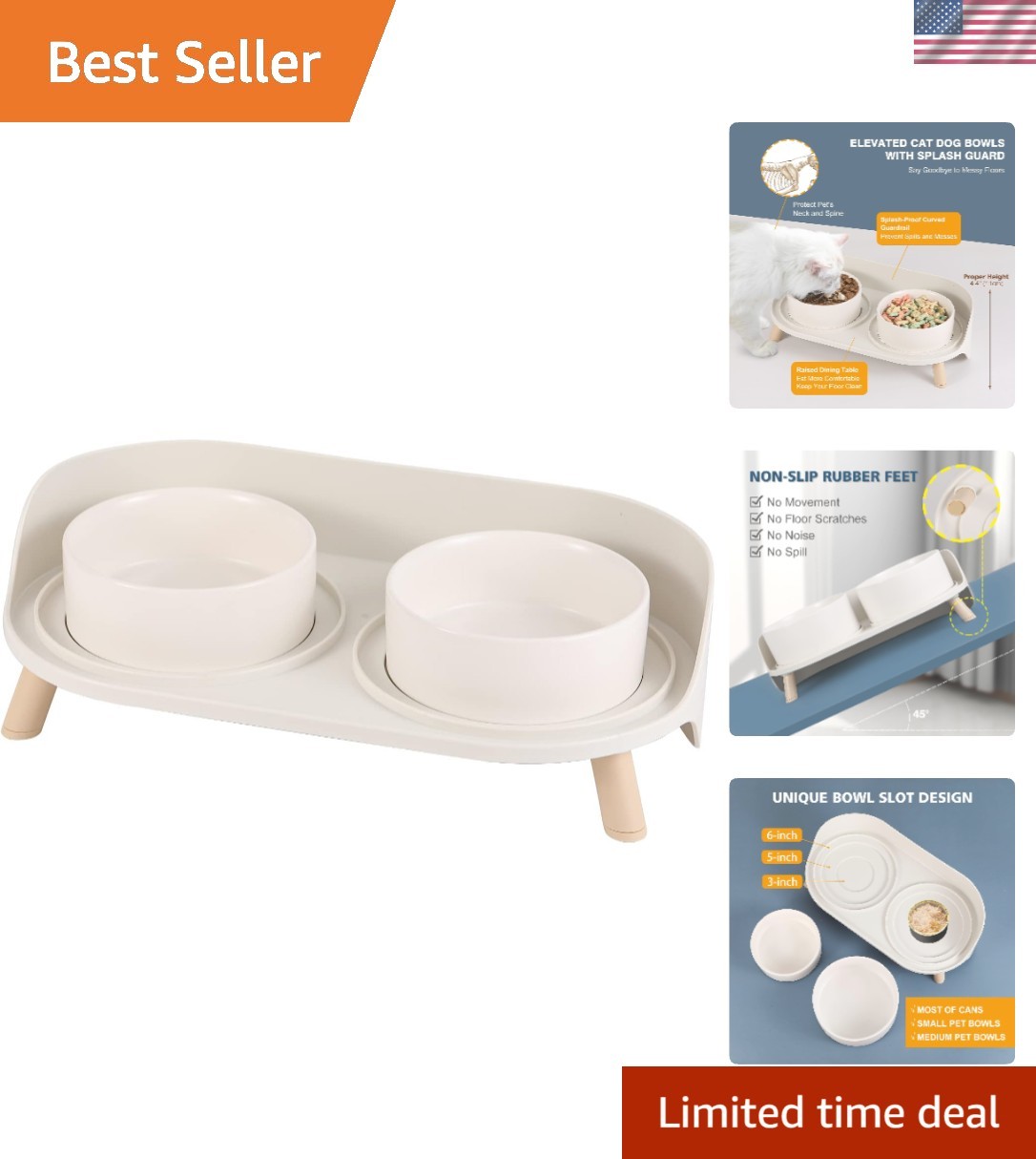 Raised Cat Food and Water Bowl Set - Elevated Ceramic Dishes With Non-Slip St...