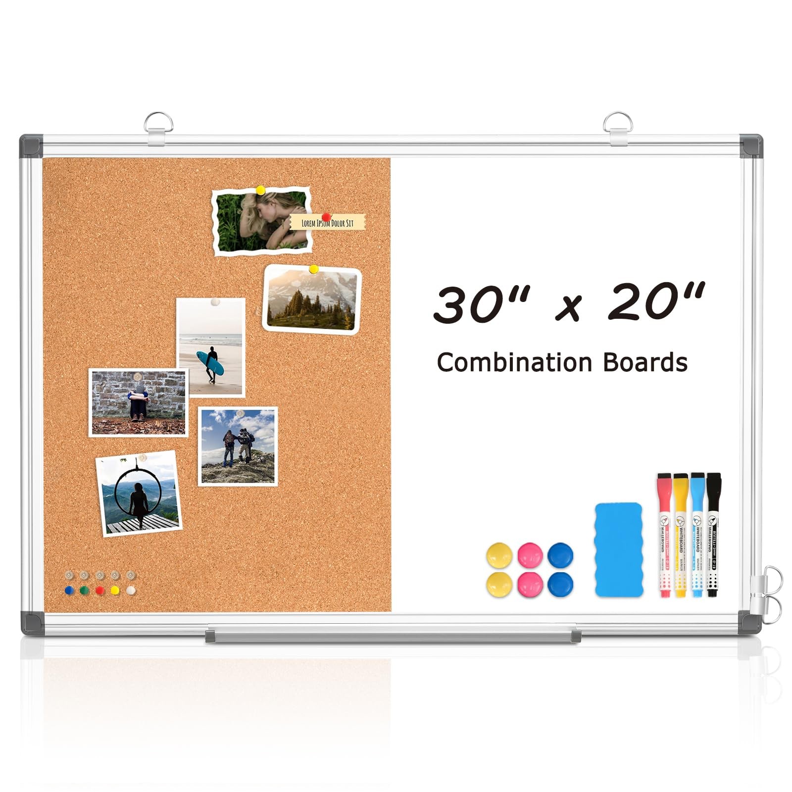 WALGLASS Combination Magnetic Whiteboard & Corkboard, 20" x 30", White 