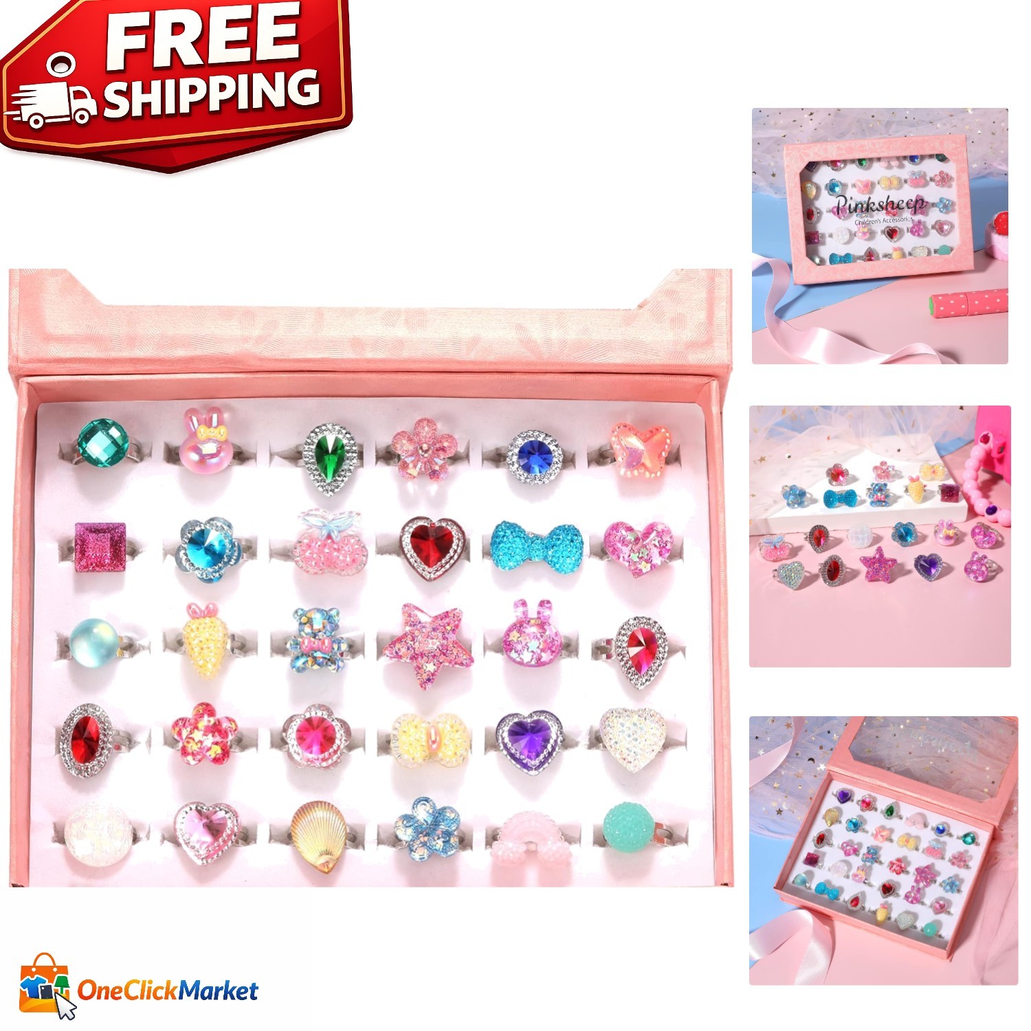 30pc Girls Jewel Dress Up Rings Adjustable Kids Pretend Play Ring Box Set