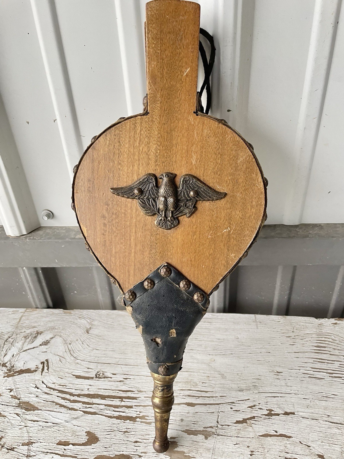 Vintage Wood & Leather Fireplace Bellows Brass EAGLE Colonial NL