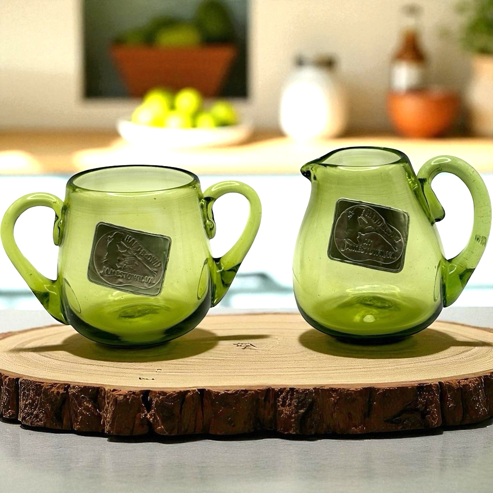 Handblown Green Glass Mini Sugar Creamer Set 2.5" Jamestown VA Glassworks