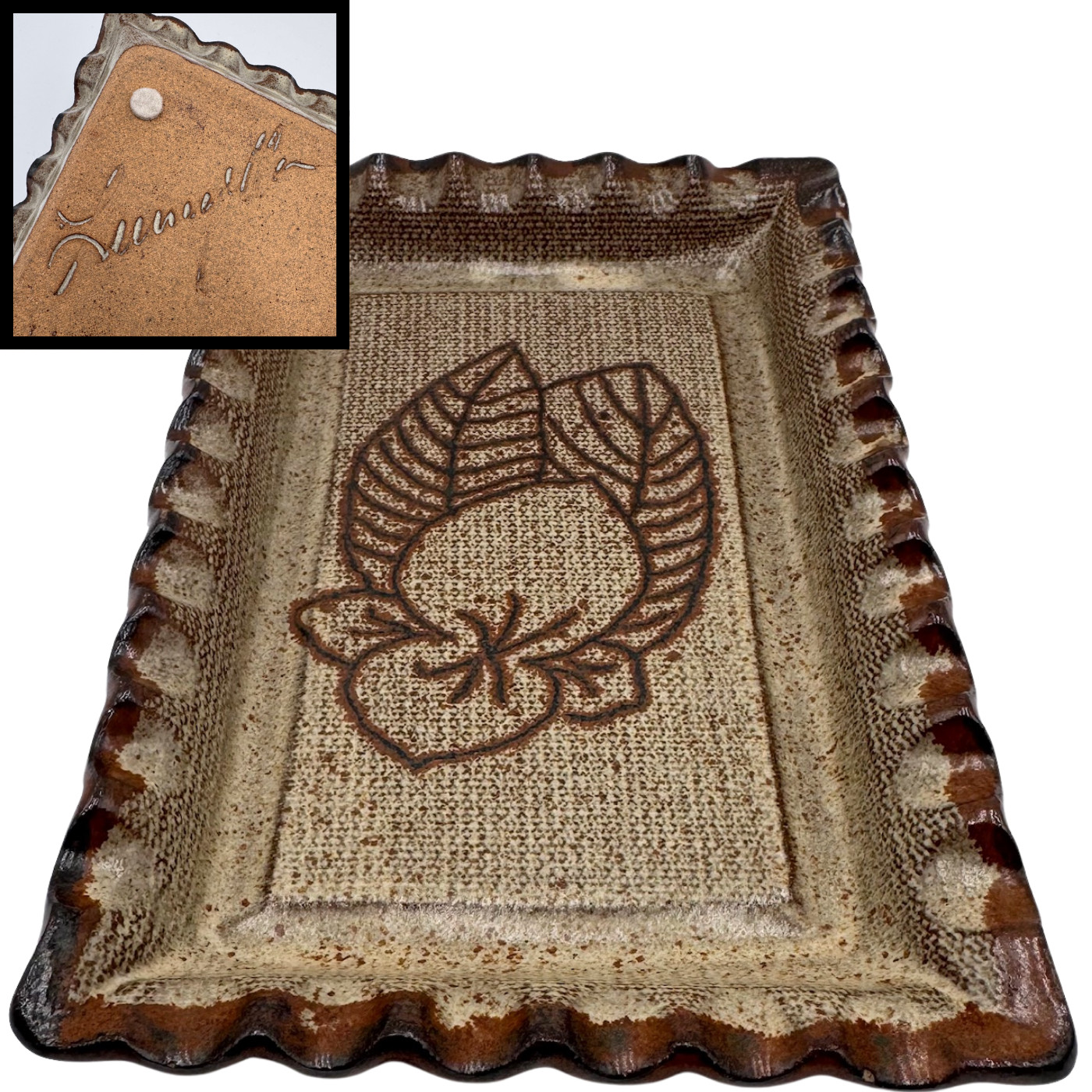 Signed Pottery Textured Slab Tray Scallop Trim Leaves Vtg Farmhouse Collectibles