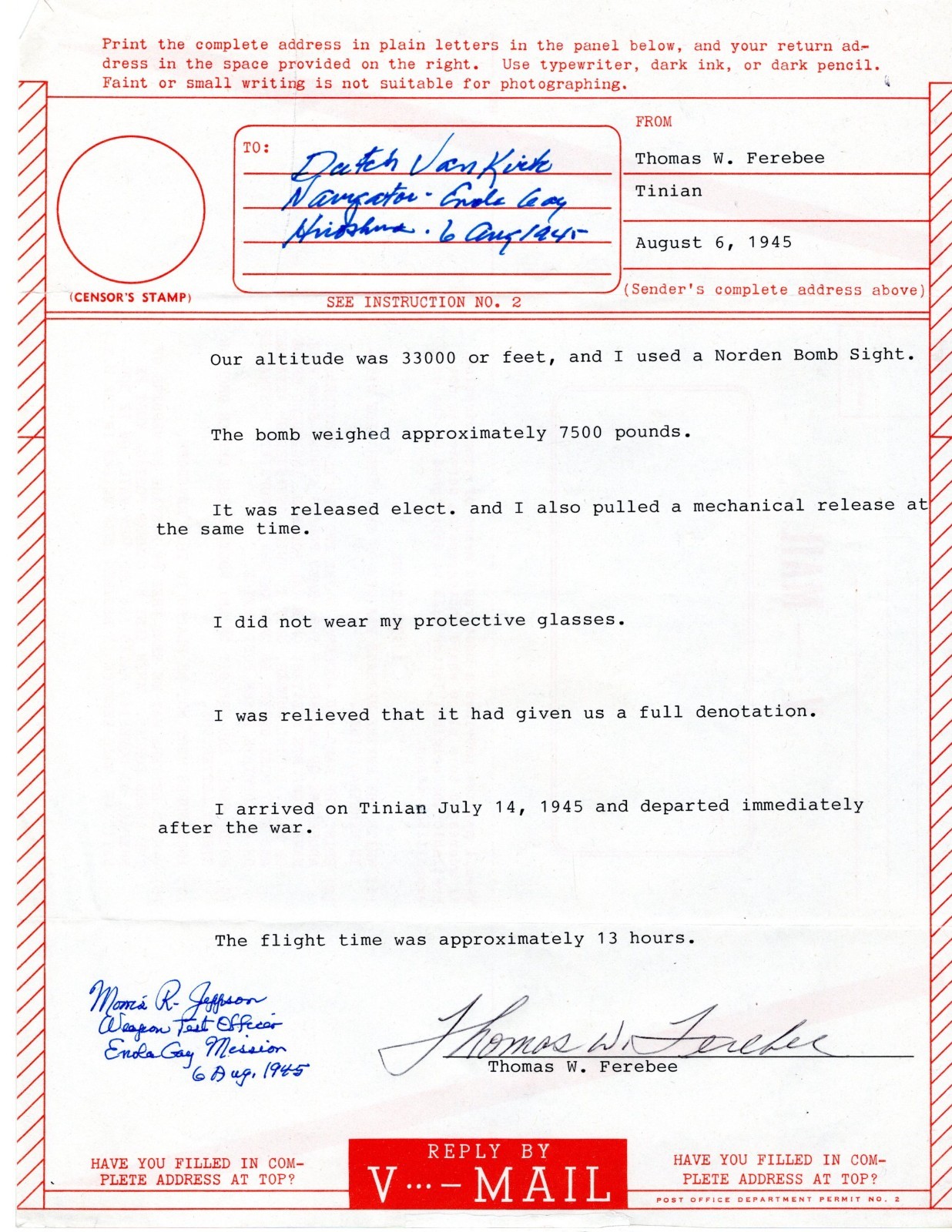 WWII Atomic Bomb: UNIQUE Original 1945 V- MAIL Stationery Signed by Ferebee +2