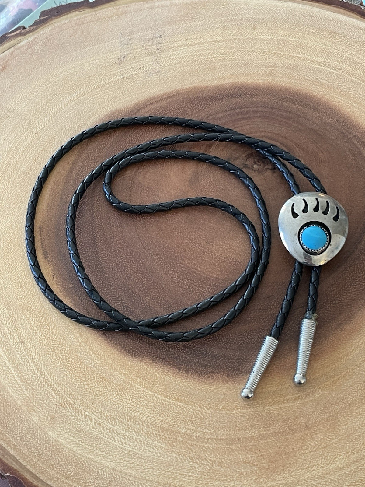 Vintage Navajo Native American Bear Claw Nickel Turquoise Bolo Tie 36”