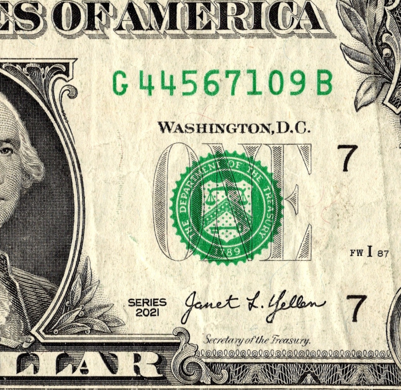 4 digit ladder Fancy Serial Number One Dollar Bill G44567109B