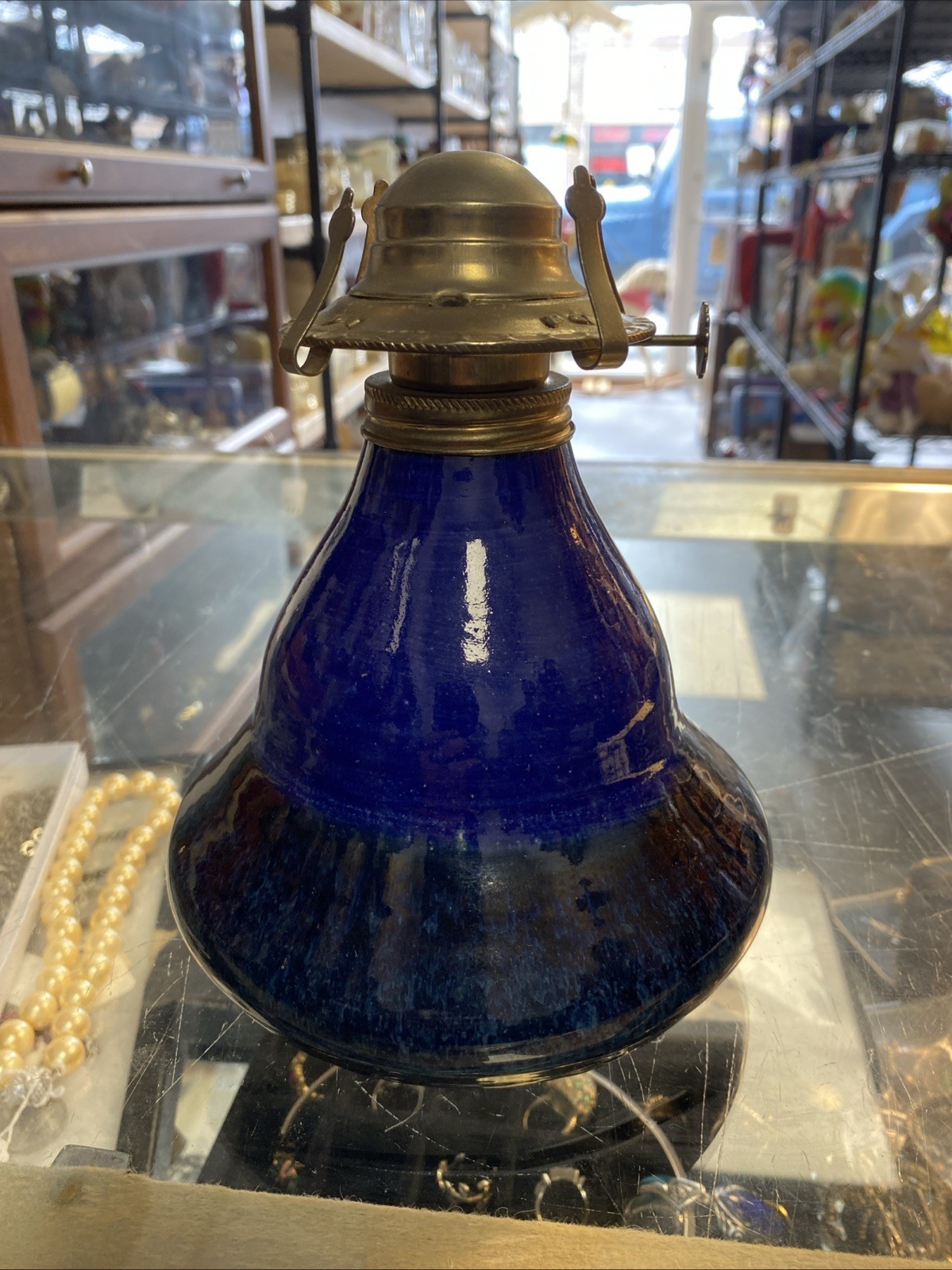 STUDIO ART POTTERY STONEWARE GLAZED BLUES, Honey Signed Oil Lamp