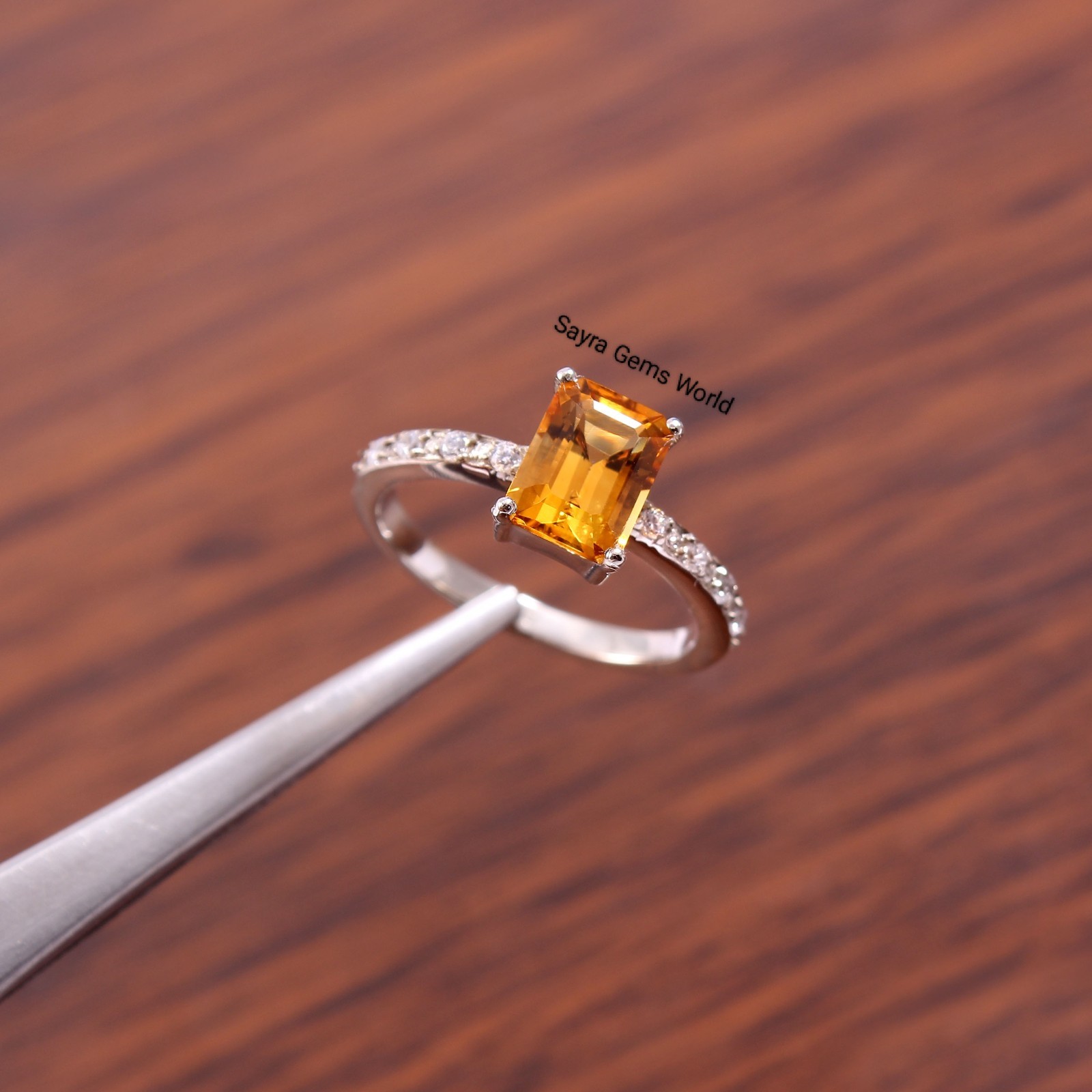 Natural Citrine Ring: Baguette Cut, Sterling Silver Ring, Handmade Ring