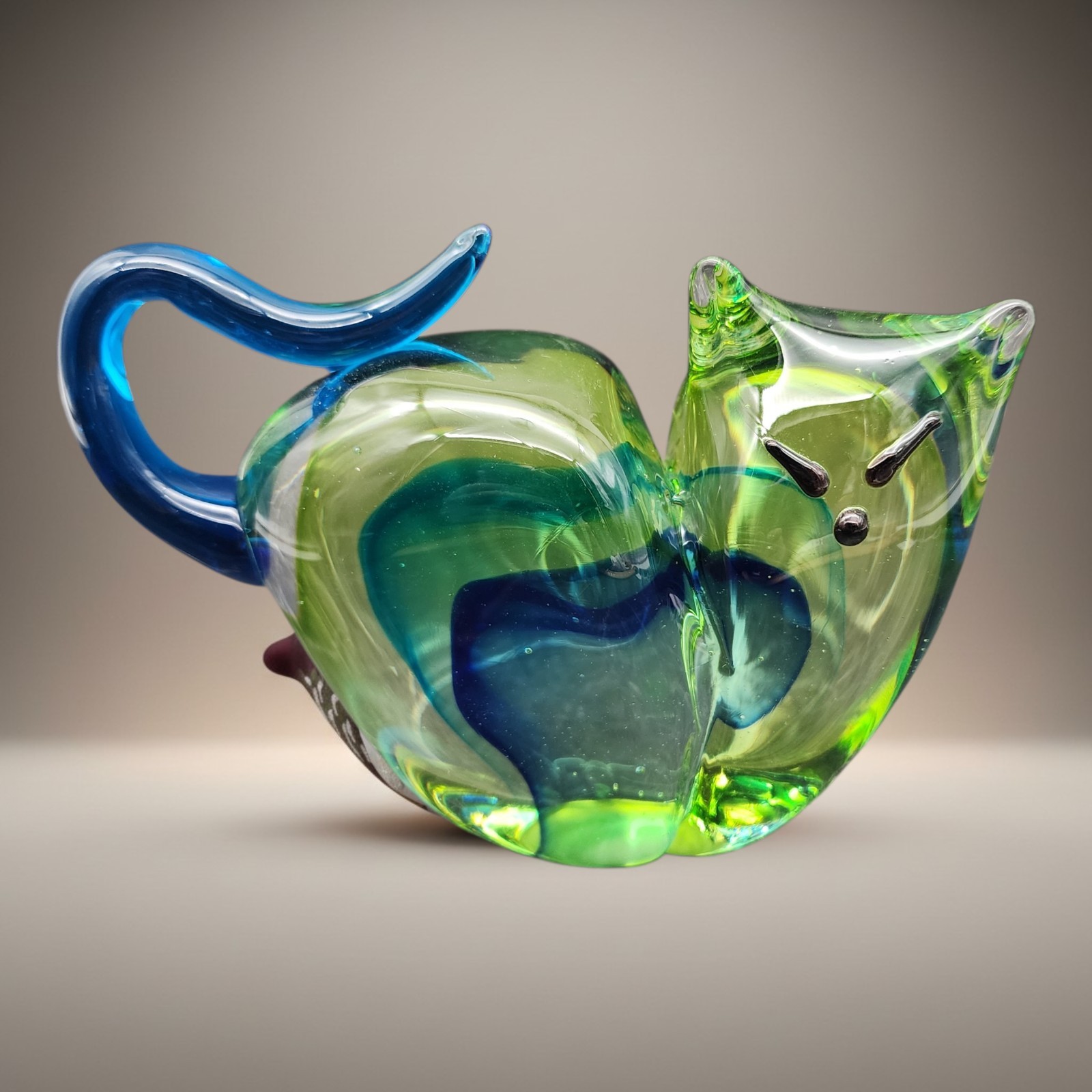 Hand Blown Glass Cat Figurine Royal Blue And Green 
