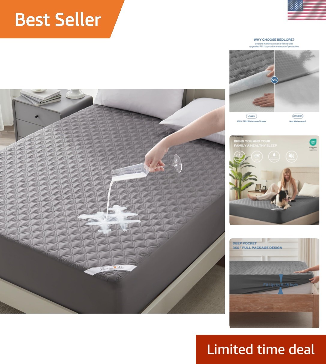 Waterproof Mattress Protector, Noiseless King Size Mattress Pad with Deep Poc...