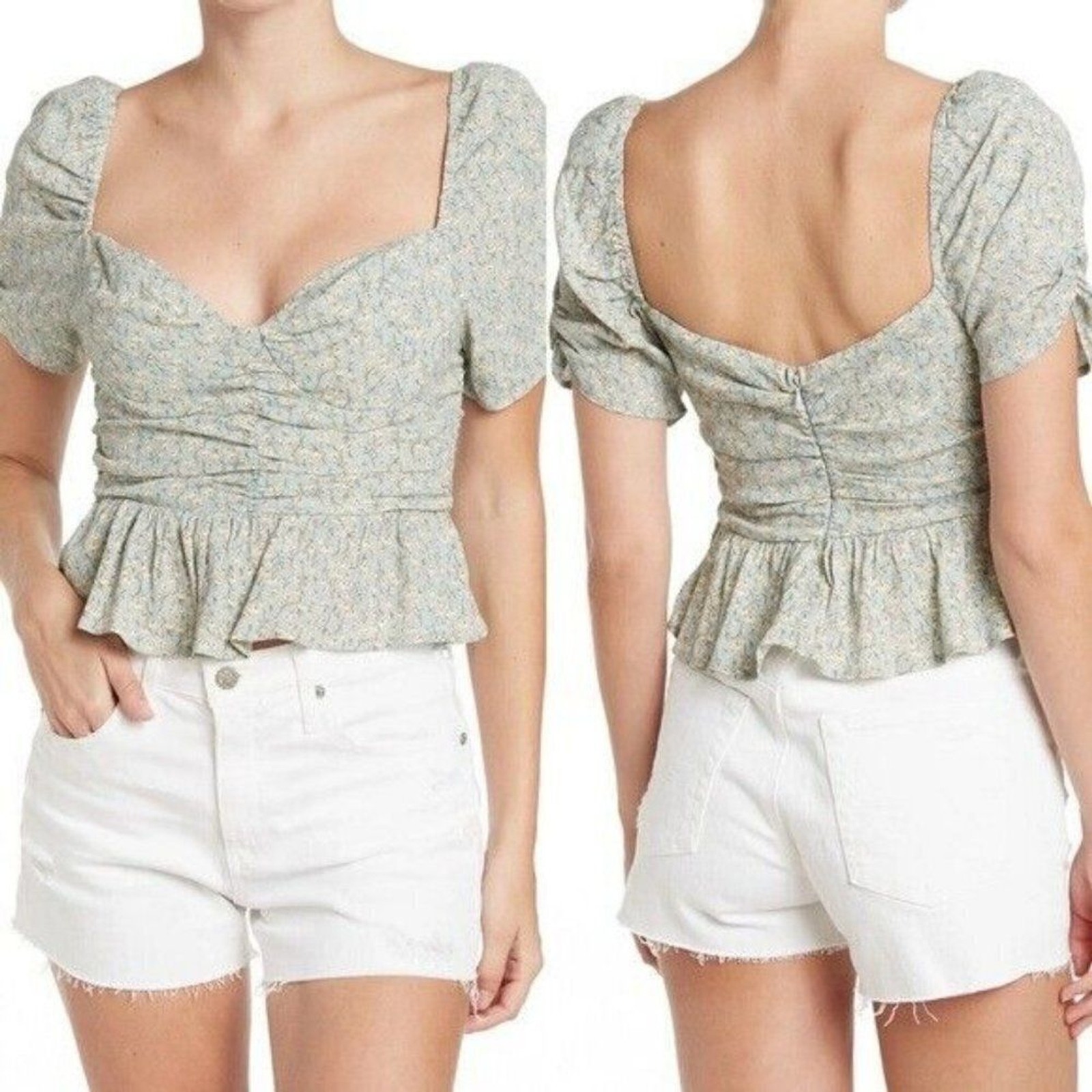 ASTR The Label Ditsy Floral Crop Ruched Peplum Sweetheart Blouse Sz XL