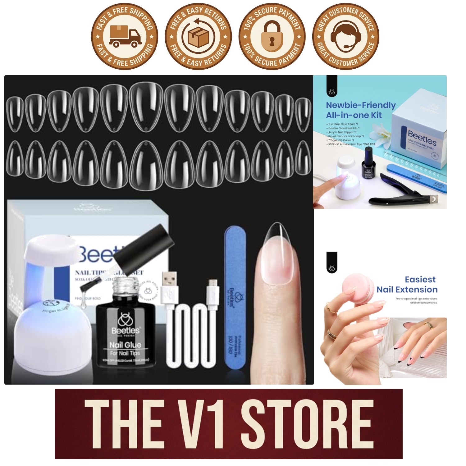 Beetles Gel Nail Kit: 240 Pcs Short Almond Tips & UV LED Lamp for DIY Manicures