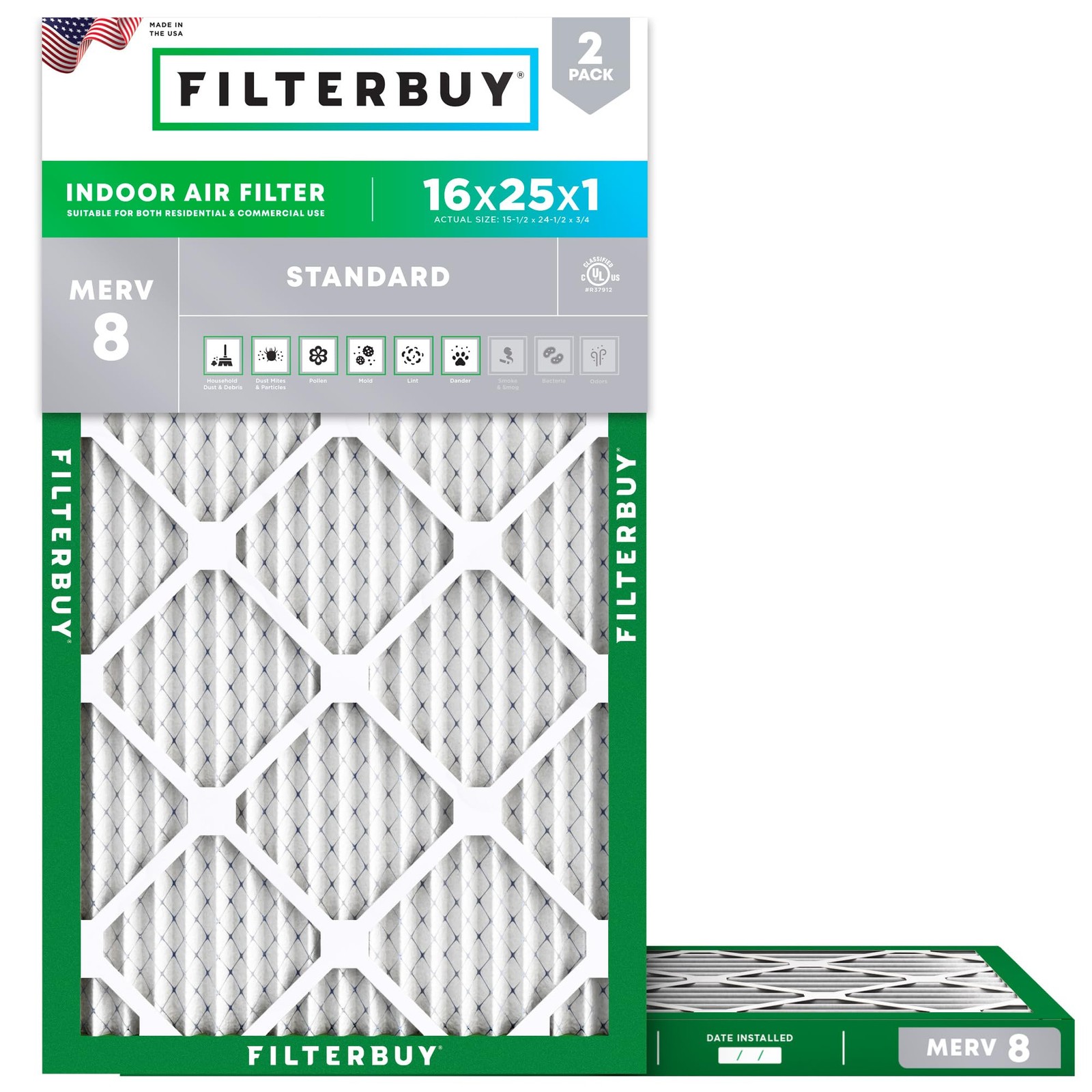 Filterbuy 16x25x1 Air Filter MERV 8 Essential 15.5" x 24.5" x 0.8", Silver 