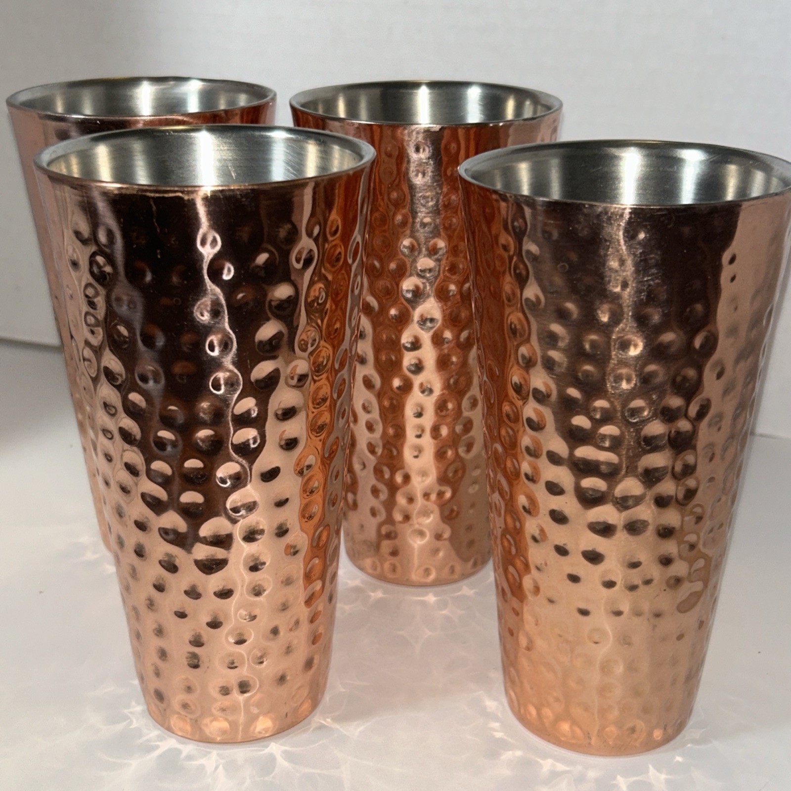 Set of 4 Hammered Copper Plated Stainless Steel 16 Oz. Tumbler Drinking Glass 7"