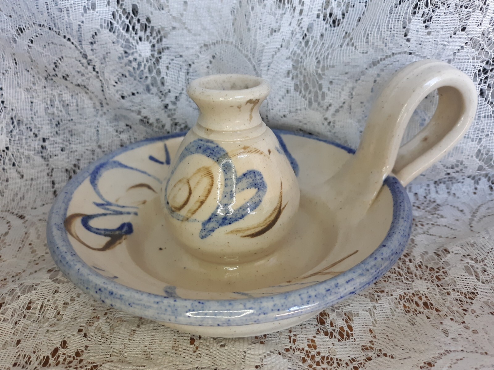 Artisan Stoneware Pottery Oil Lamp  Signed by the Artist Blue Swirl Design