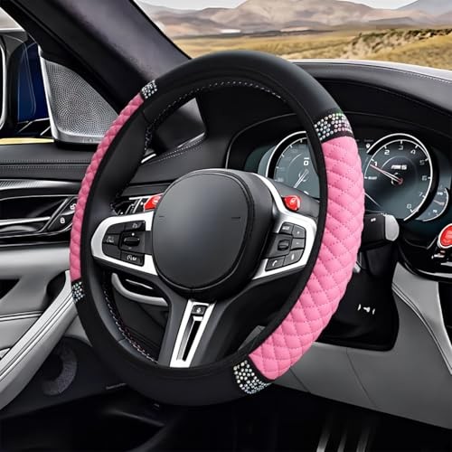 ZIMISI Bling Soft Leather Steering Wheel Cover, 15" Anti-Slip Sparkly Pink