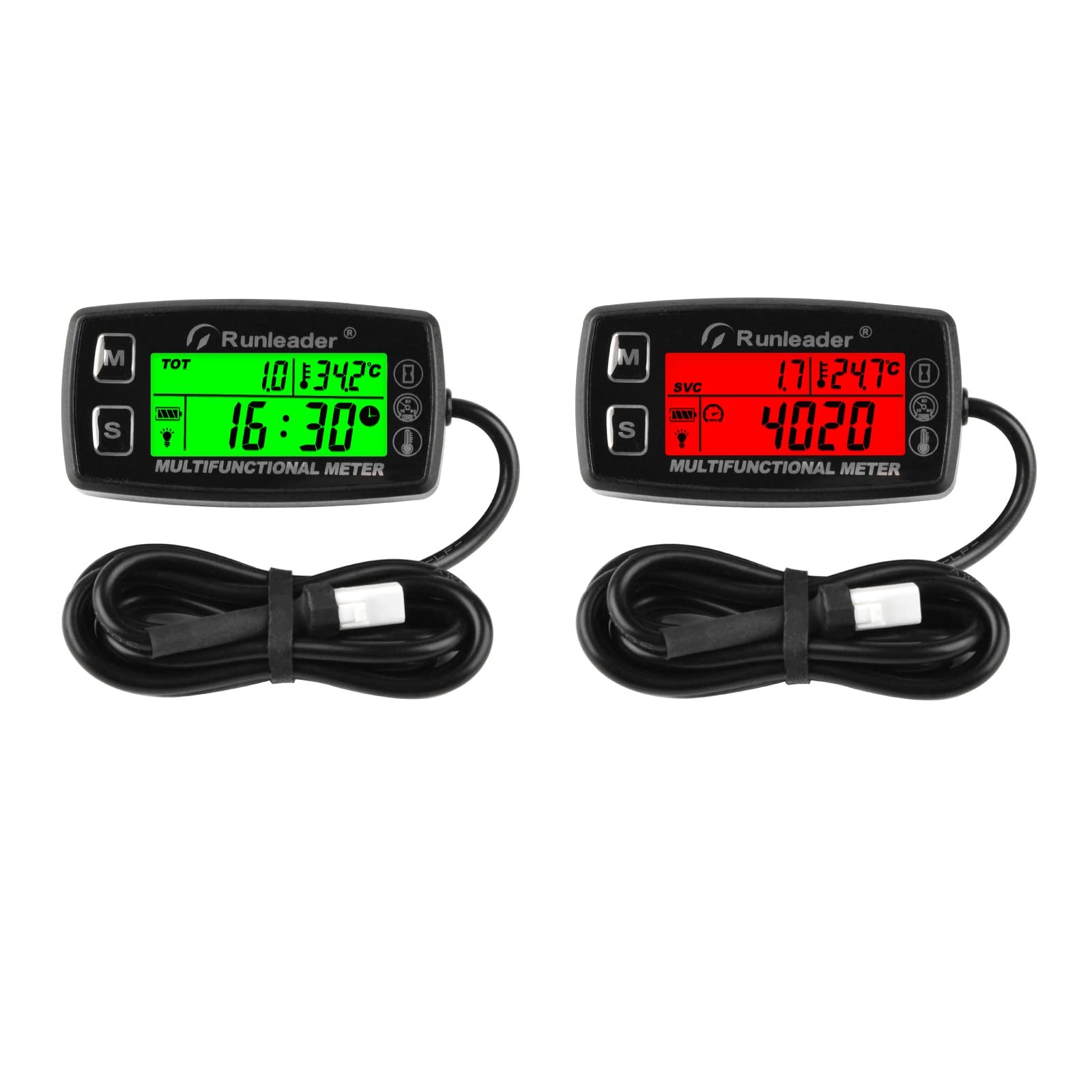 Runleader Digital Tach Hour Meter & Engine Temp Gauge, Alert RPM/Temp, Backlit