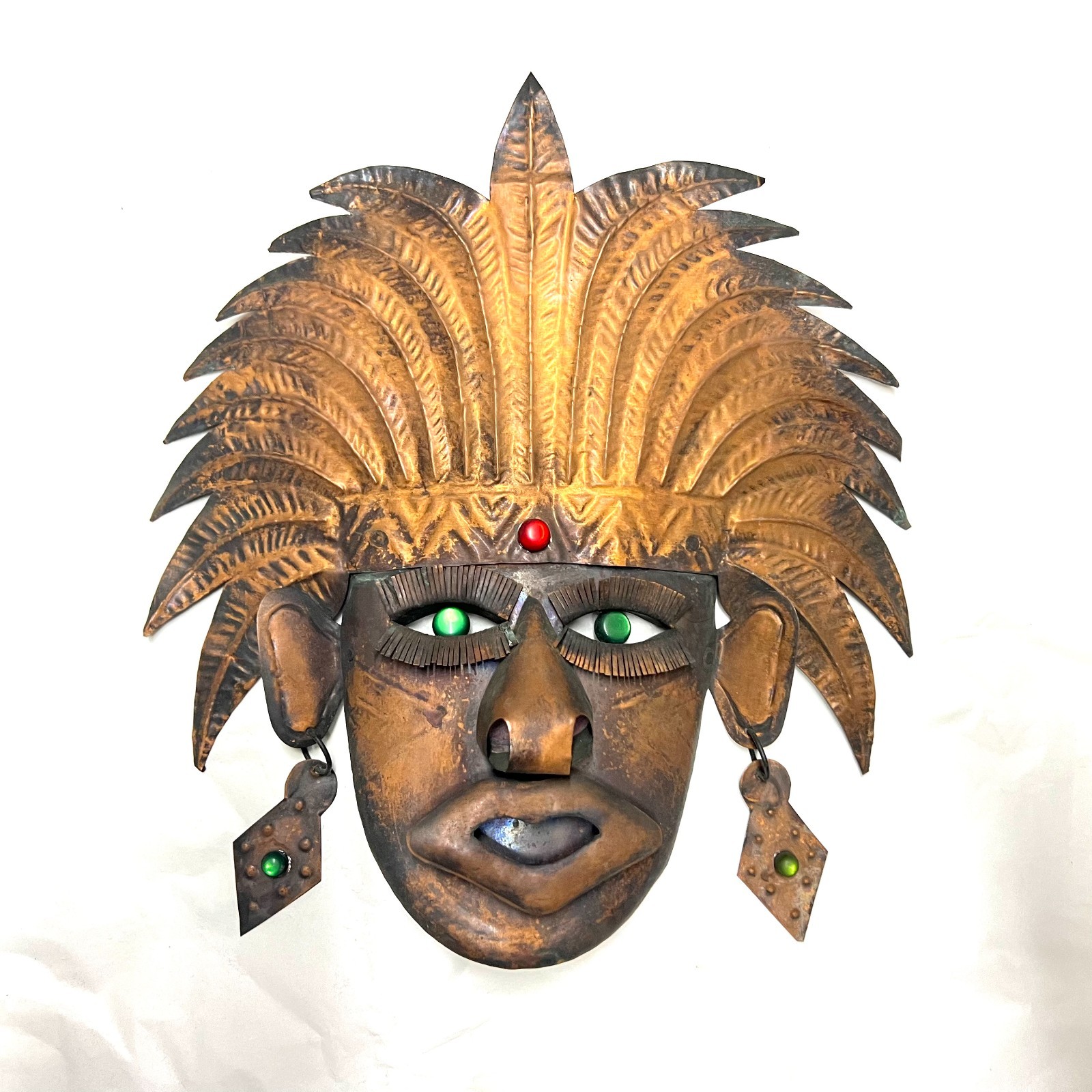Vintage Mexican Copper Mask 1970s Aztec Wall Art Handmade Taxco Style
