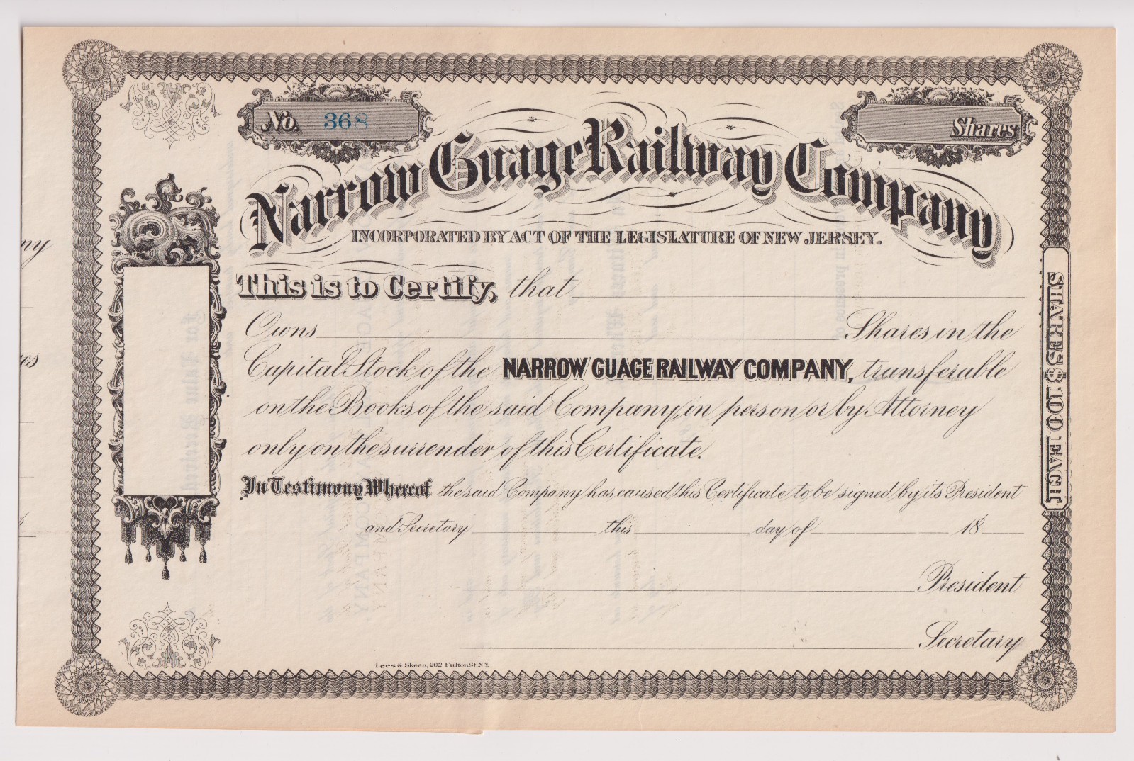 Narrow Gauge Railway Company Stock Certificate New Jersey