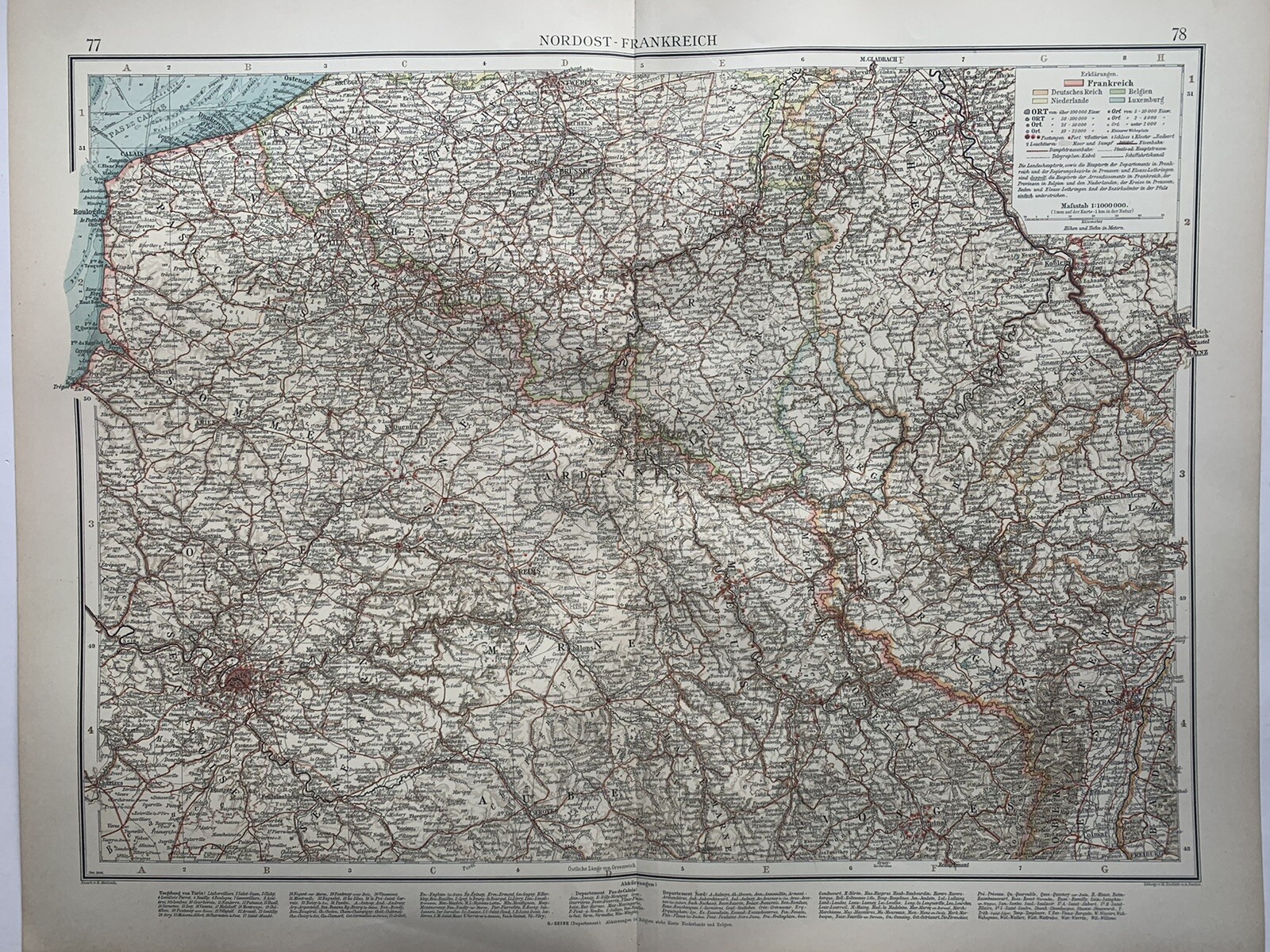 1899 Northeast France Original Antique Map by Richard Andree