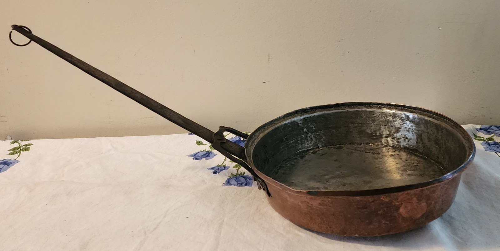 Antique Large 12” Hammered Copper Pan With Forged Iron Handle Hang Ring