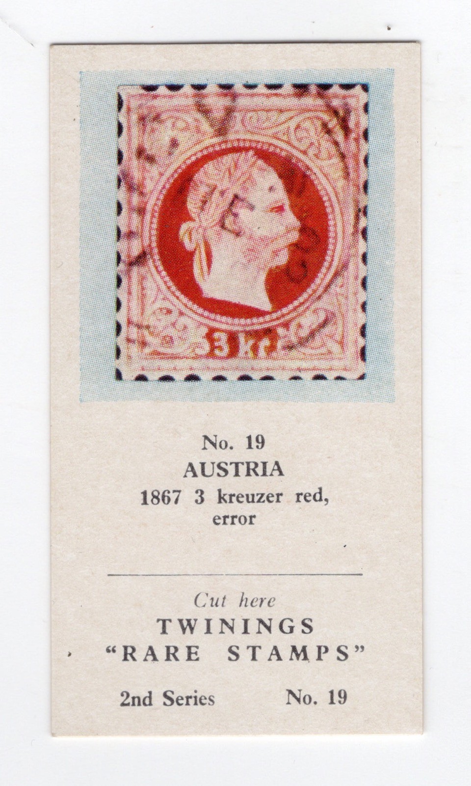 Twinings Tea Rare Stamps “CARD” 1960 #19 Austria 1867 3 kreuzer red error
