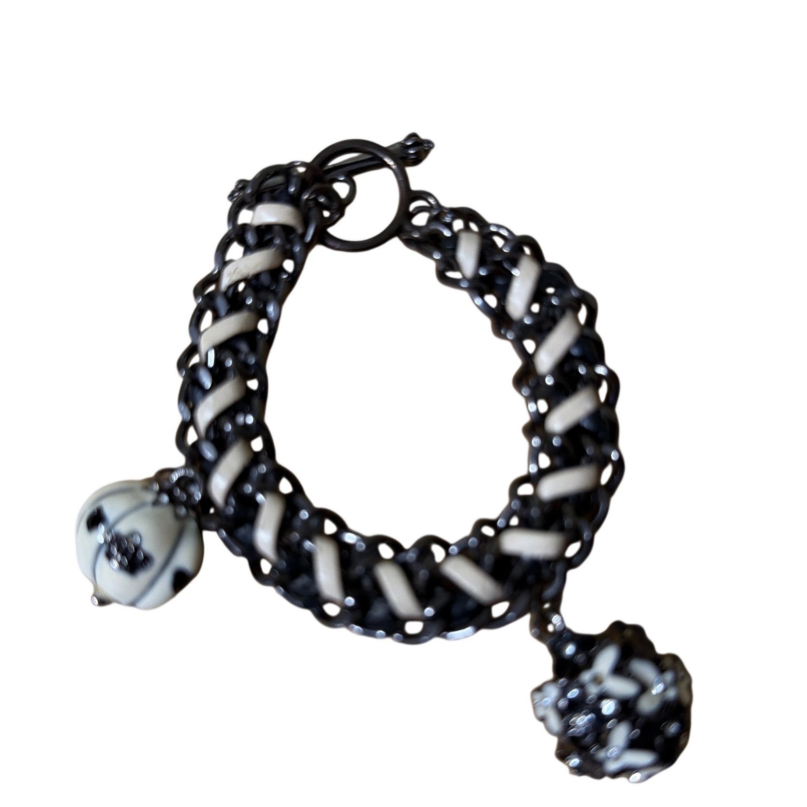 Charm Bracelet Black White Skull Flower Dangles Toggle Clasp Whimsical Goth