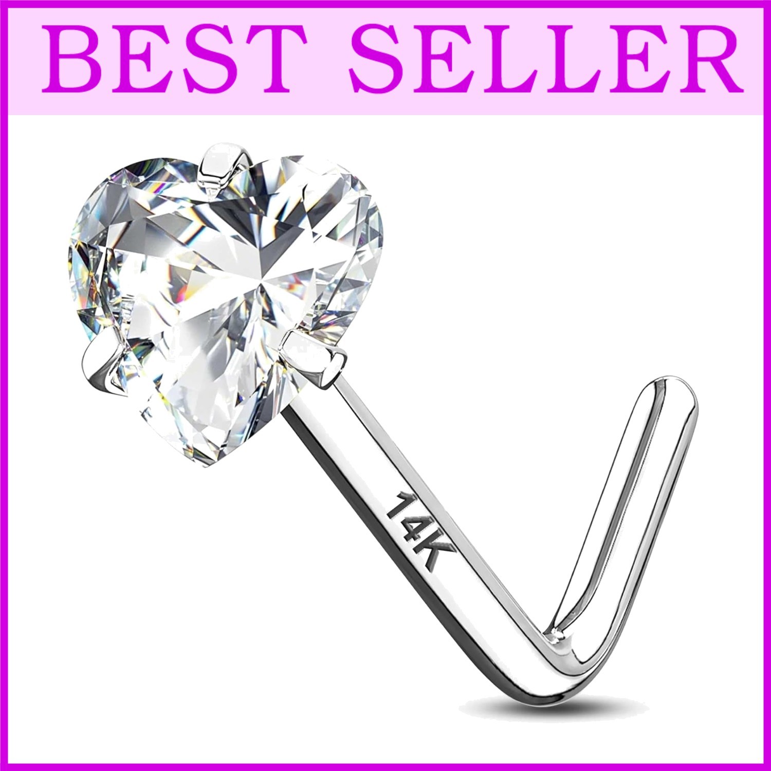 14K Real Gold Nose Stud - Heart CZ 20G
