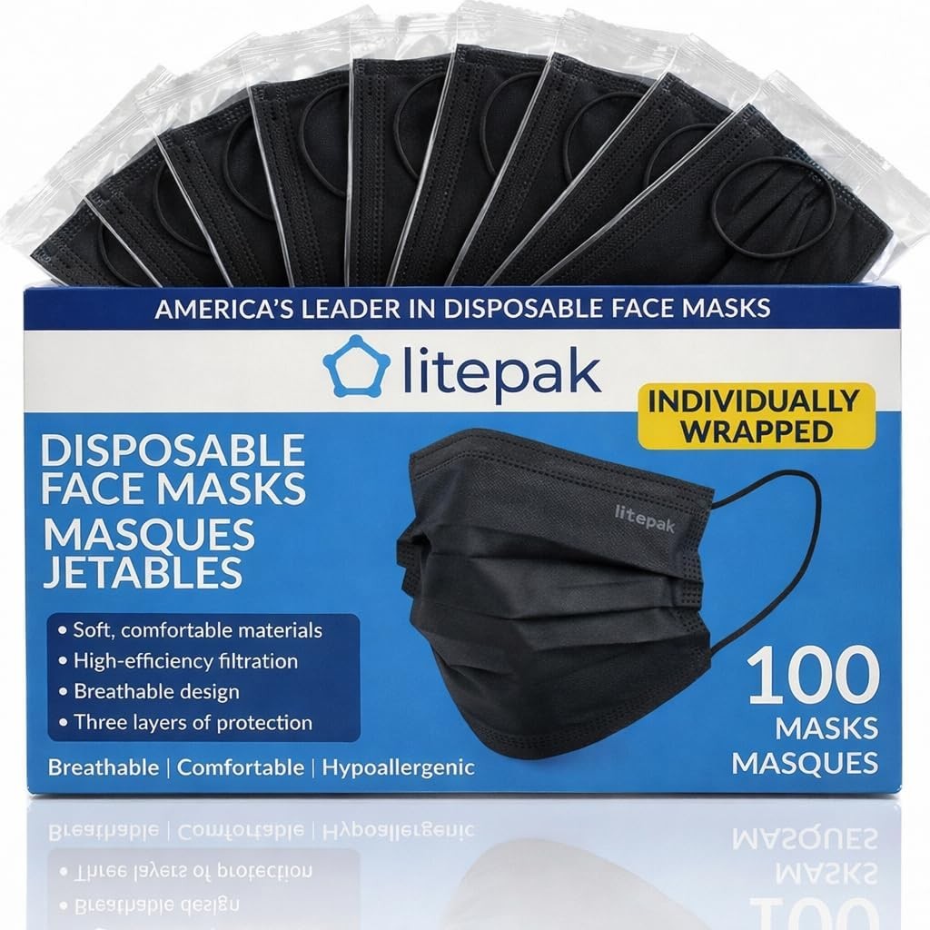 100pcs Premium Individually Wrapped Disposable Face Mask Black Premium Comfort E