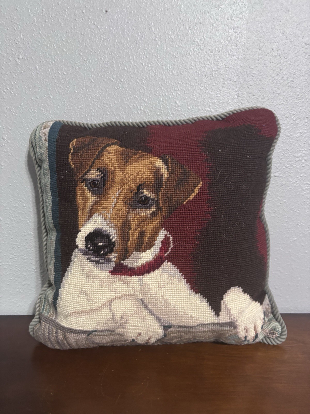 Jack Russel Needlepoint Pillow With Velvet Backing Vintage
