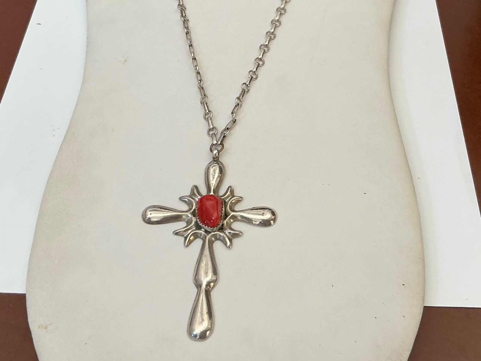 VTG Native American Sterling Silver Lg Stylized Cross w/Red Coral and 28" Chain