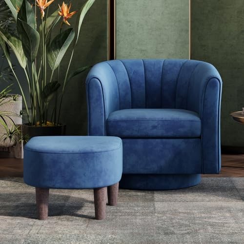  Swivel Accent Chair with Ottoman: Small Velvet Barrel Chair 360 Swivel Blue