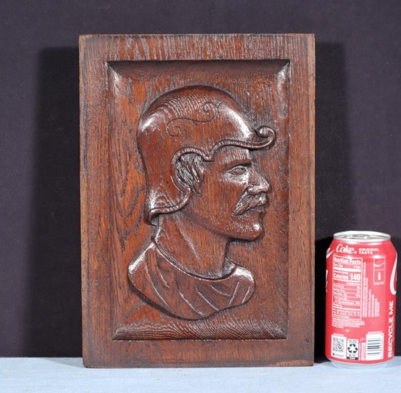 12" Tall Antique French Solid Oak Wood Hand Carved Portrait Profile of a Man