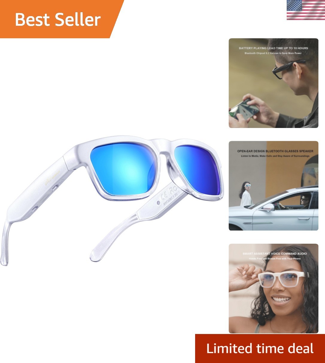 OhO Smart Glasses: Polarized Bluetooth Sunglasses with Voice Control, Blue Lens