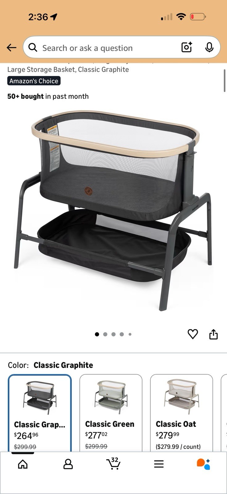 Maxi-Cosi Bedside Sleeper Classic Graphite, Mesh Sides, Large Storage Basket