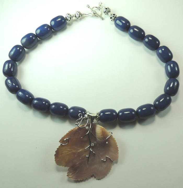 Statement Blue Jade Necklace Pink MOP Leaf Sterling Silver Jewelry