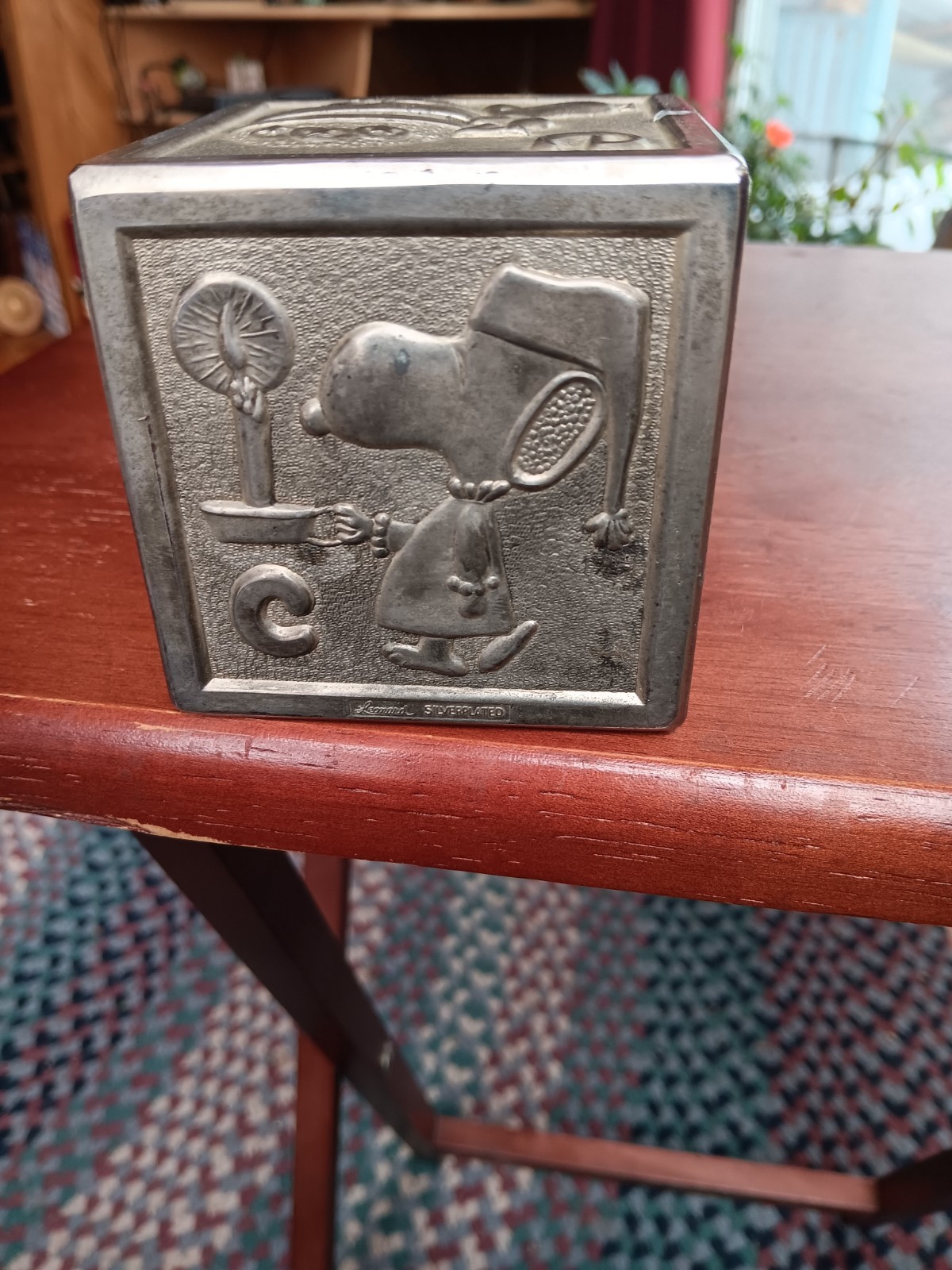Vtg Silverplate Peanuts Snoopy ABCDE Block Coin Bank Cube 3"x3"x3" #1975