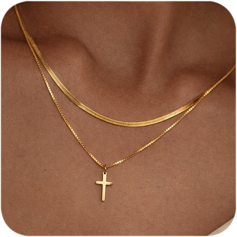 Double Layered Gold Cross Necklaces for Women Men,18K Gold Plated Necklace Stack