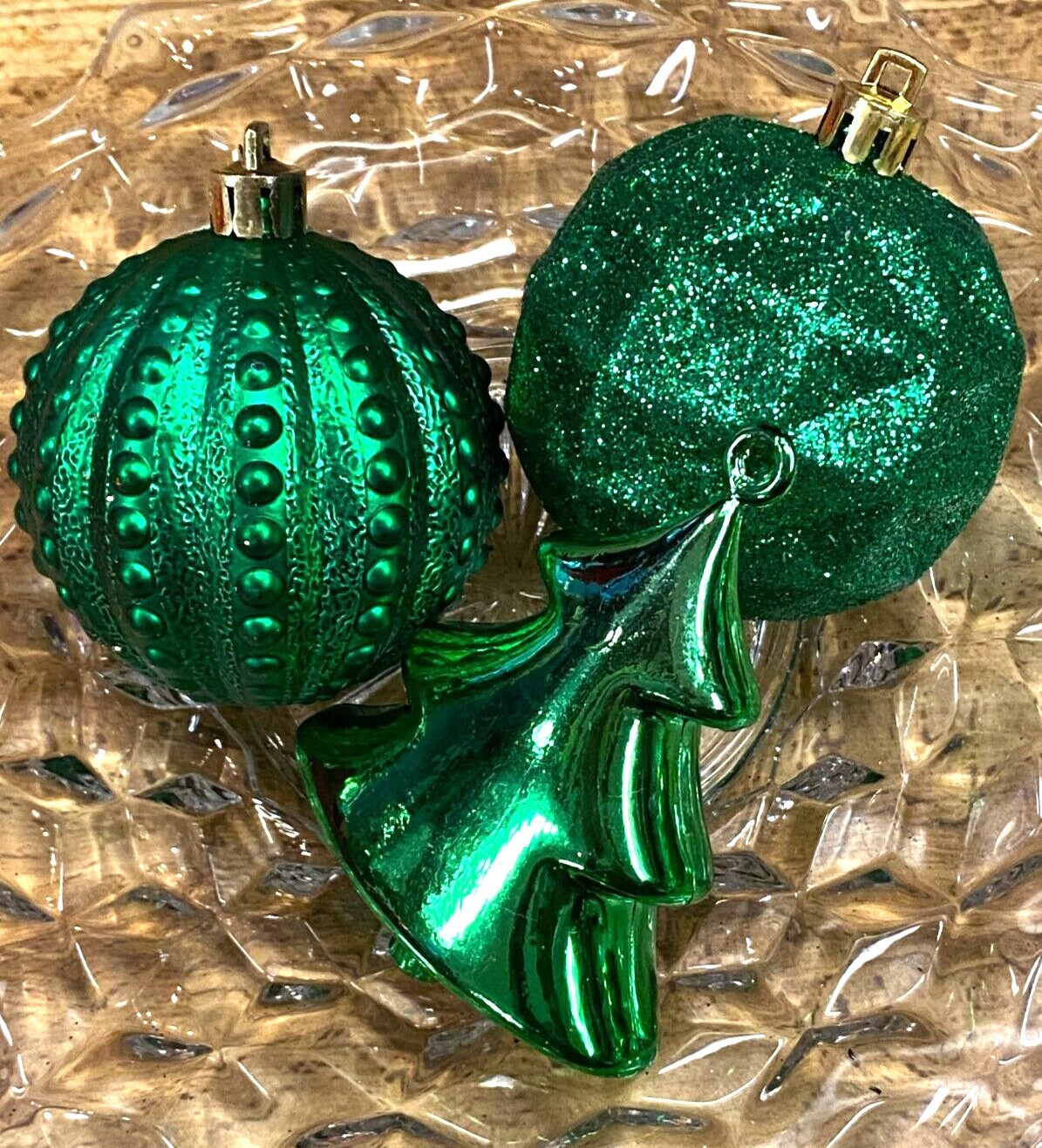 3 Shiny Dark Green Tree & Glitter Ball Shatterproof Christmas Ornaments 2"