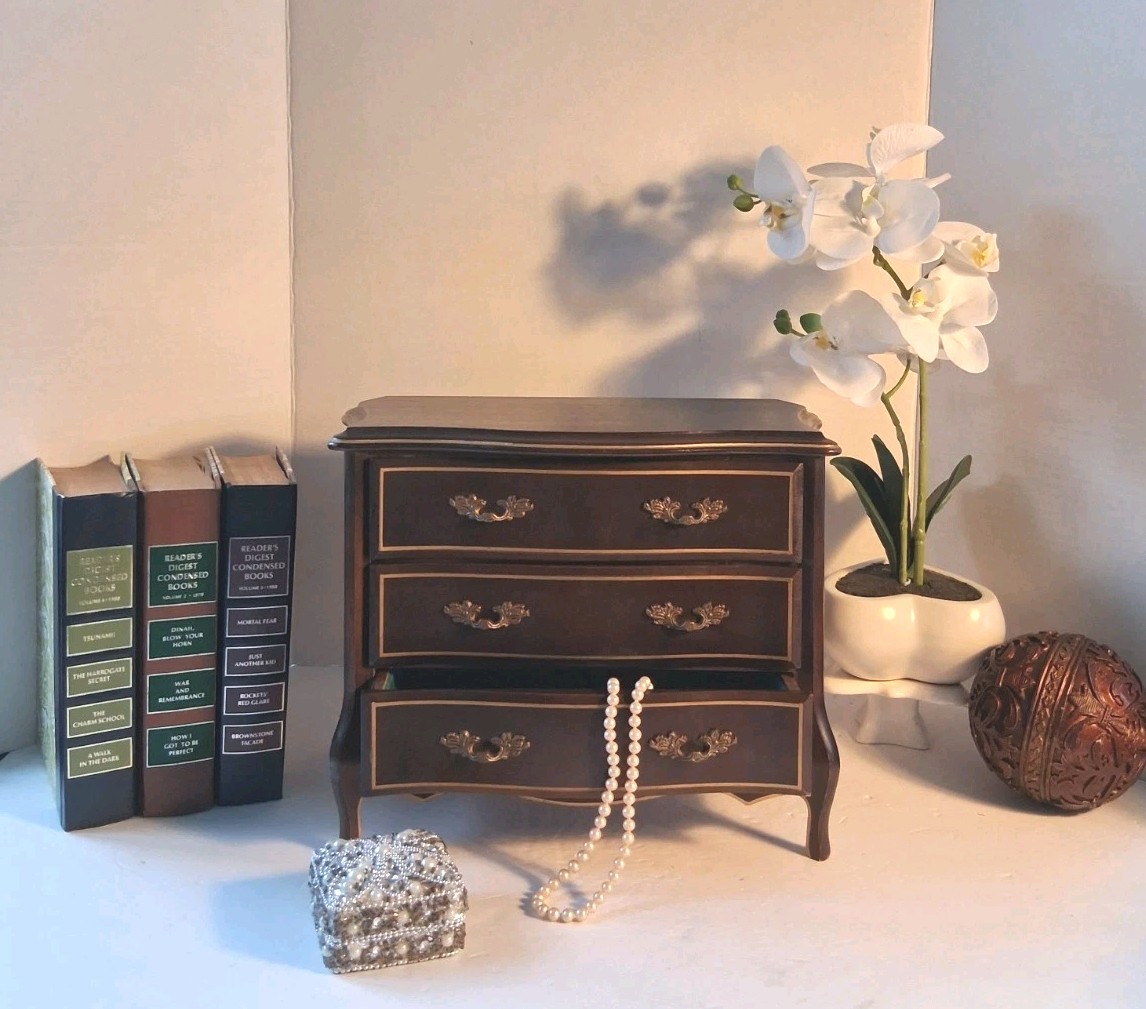 Rare Vtg Miniature French Provincial Jewelry Chest;BRASS Accents;Musical! Works!