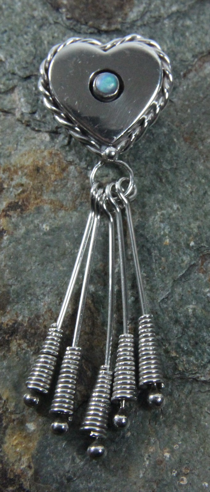 Vintage Southwestern Heart Dangle Brooch Pin Sterling Silver Druzy Opal
