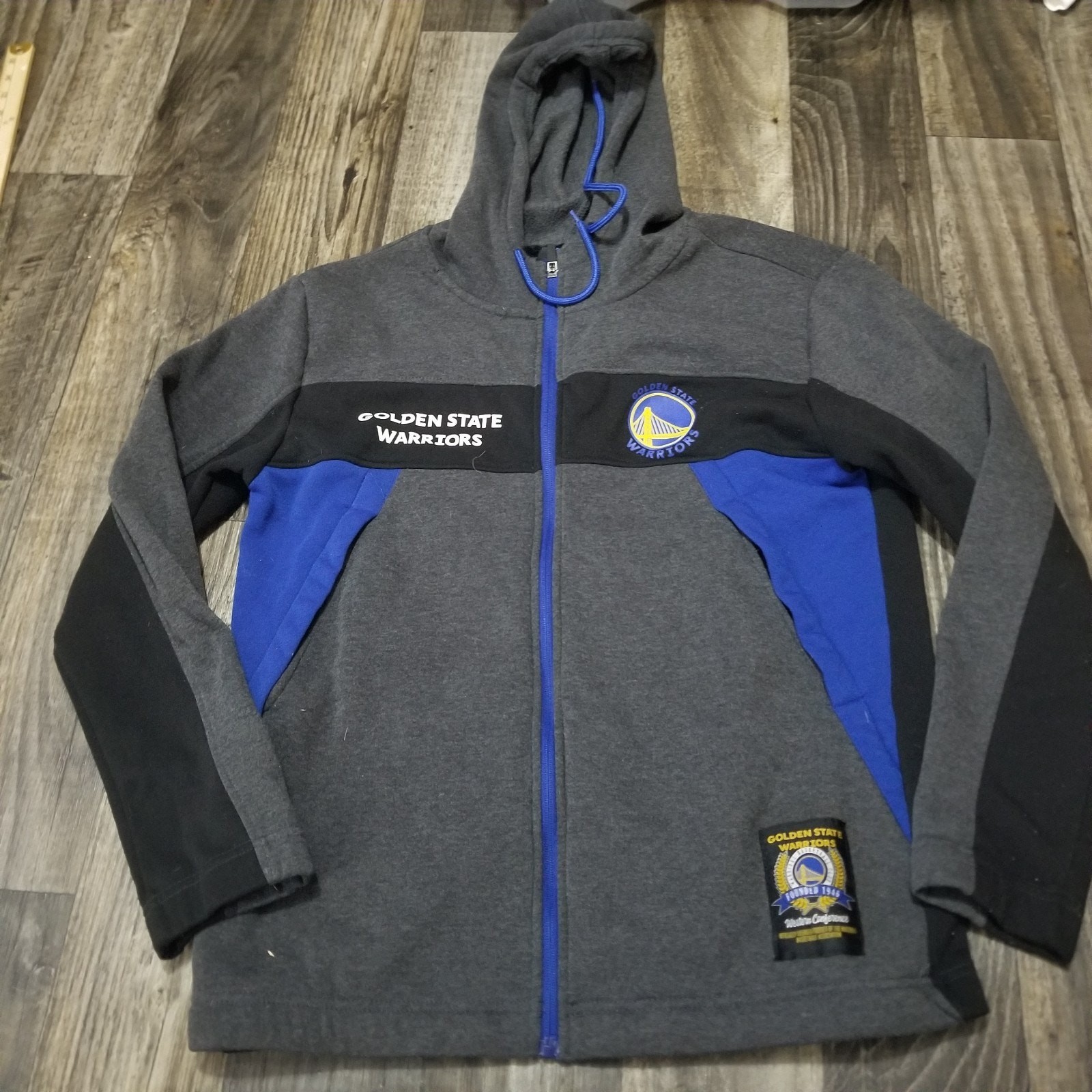 Mens Medium NBA Golden State Warriors Team Crest Hoodie Blue Black Gray Full Zip