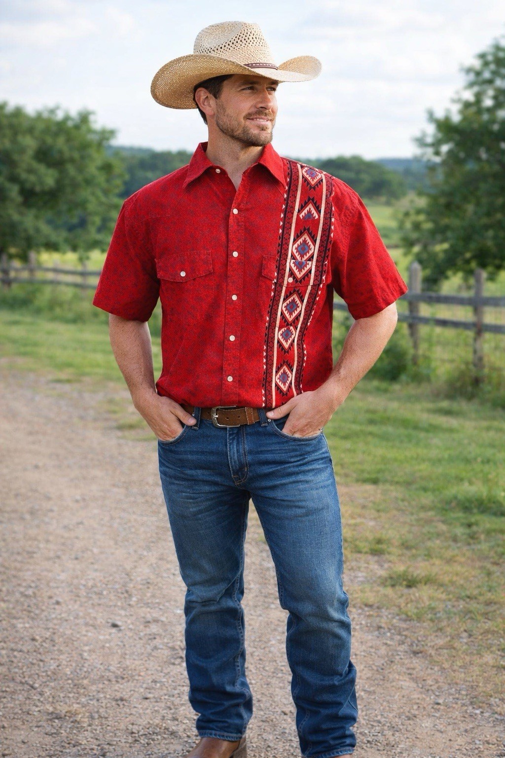 Vintage Wrangler Southwestern Print Snap-Front Shortsleeved Shirt, Red, Mens, L