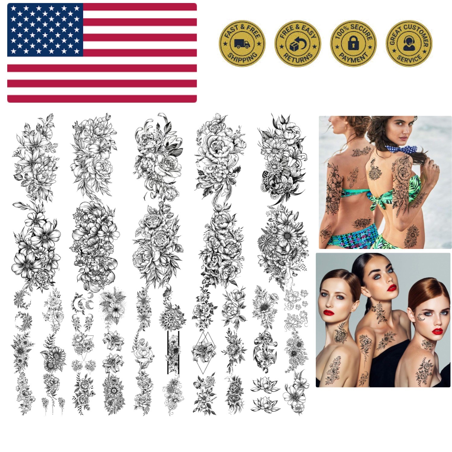 40 sheets Lasting Temporary Tattoos Large Chrysanthemum and Lotus Flowers Col...